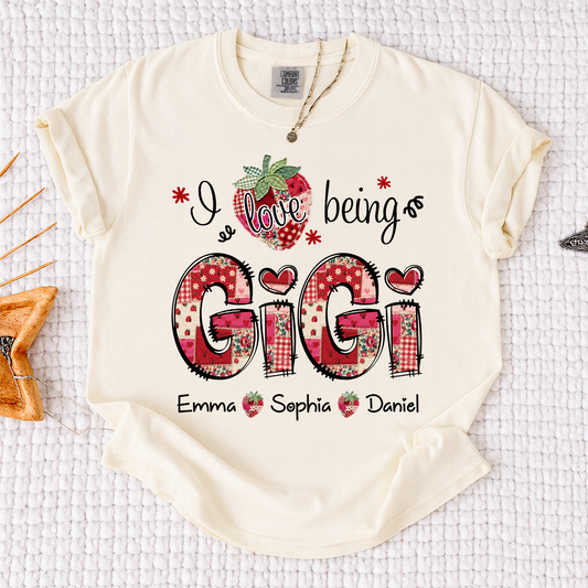 Comfort Colors Personalized I Love Being Gigi Shirt, Custom Grandma Strawberry Patchwork Tee with Names, Gift for Grandma