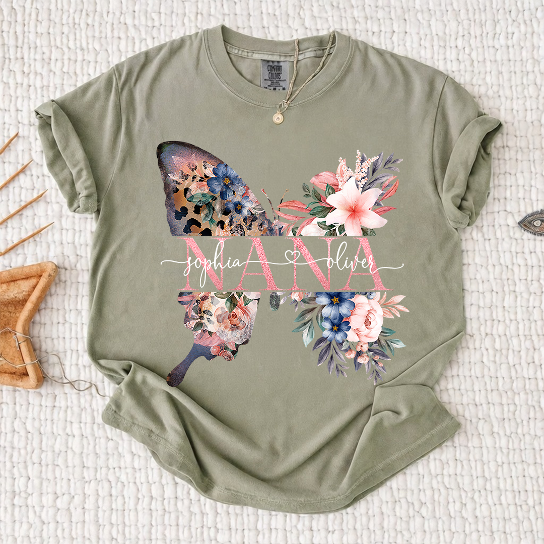 Comfort Colors Personalized Nana Shirt with Floral Butterfly Design Custom Name Grandma Mimi Gigi Family Tee Unique Grandkids Names Gift for Her