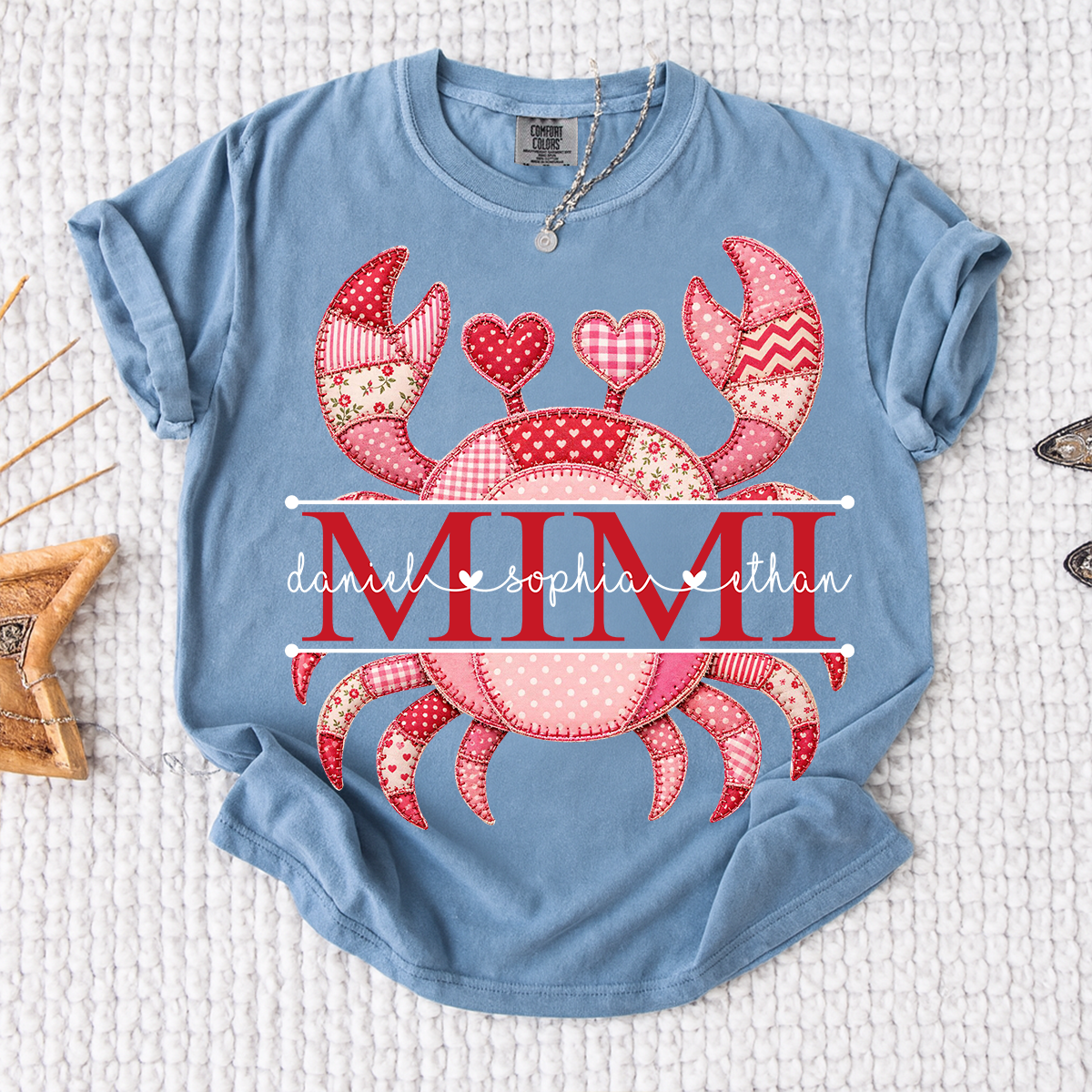 Comfort Colors® Patchwork Crab Design Mimi Shirt Personalized Children’s Names Tee