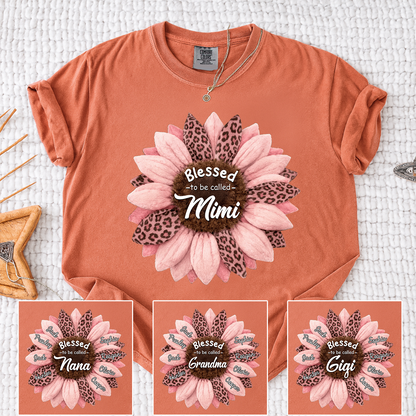 Custom Grandma Shirt, Personalized Sunflower Leopard Print Tee with Kids' Numbers, Gift for Grandma