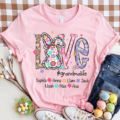Personalized Love Grandma Liffe Easter T Shirt, Bunny And Egg Design With Names For Grandma And Kids