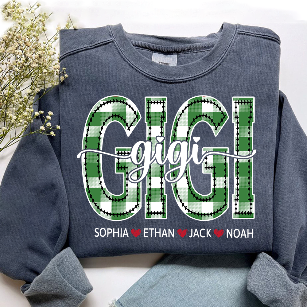 Personalized Gigi Sweatshirt, Custom Green Plaid Letters Shirt with Grandkids Names