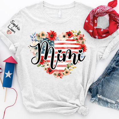 Mimi Patriotic Floral T Shirt, Custom Heart Design with American Flag, Personalized Gift for Grandma, Perfect for Mother’s Day
