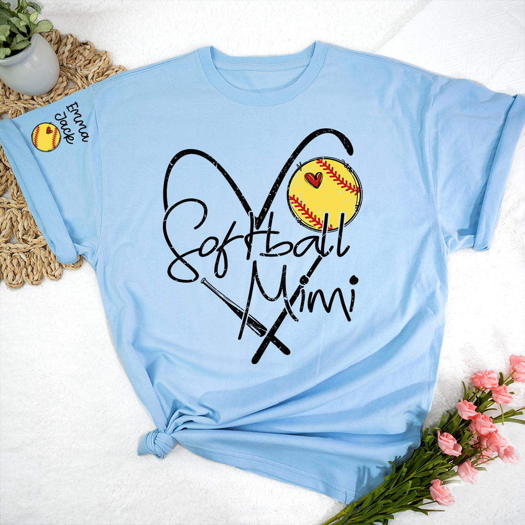 Softball Mimi Shirt Personalized with Grandkids Names, Heart and Bat Sports Family T Shirt