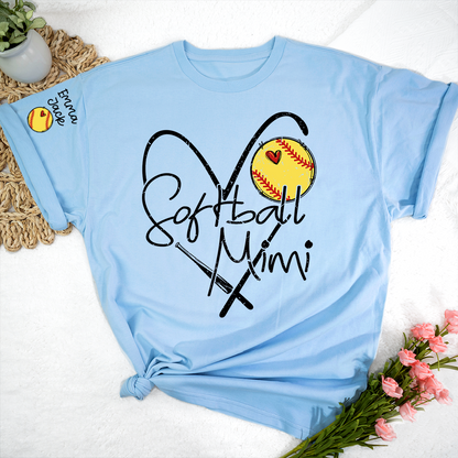 Softball Mimi Shirt Personalized with Grandkids Names, Heart and Bat Sports Family T Shirt