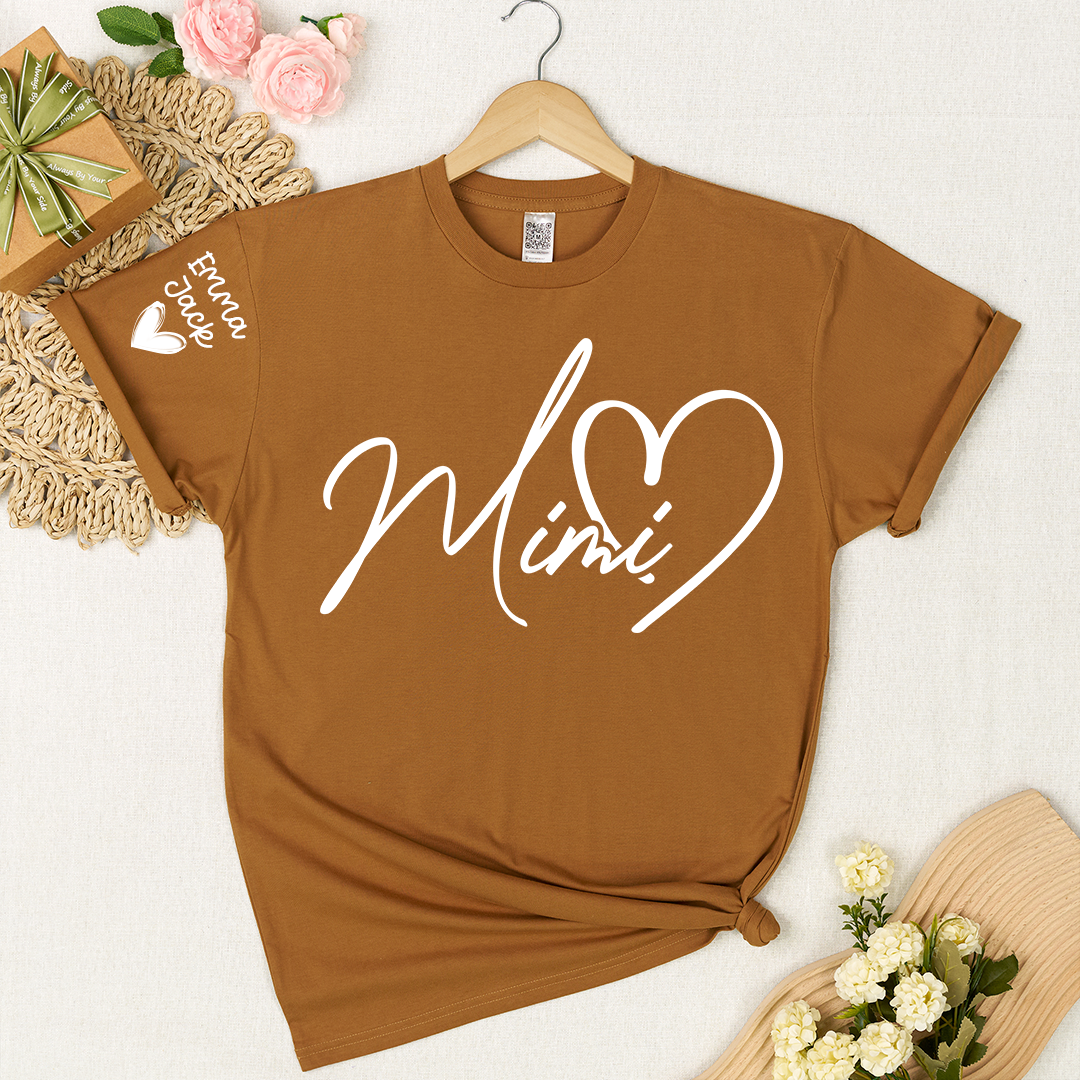 Personalized Family Mimi T Shirt with Custom Names, Simple Script Heart Design