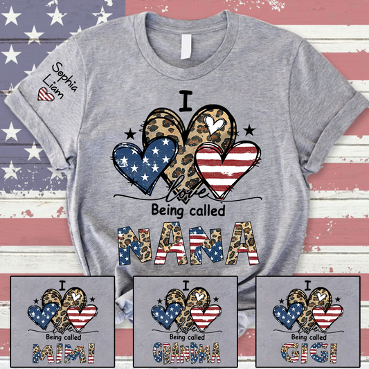 I Love Being Called Nana Shirt with Grandkids Names USA Flag and Leopard Heart Graphic Custom Family Name Tee