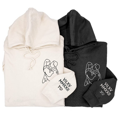 Custom Embroidered Portrait Hoodie, Personalized Couple Portrait Outline from Photo Hoodie, Couple Gifts, Valentine's Day Anniversary Gifts Hoodie, Sweatshirt
