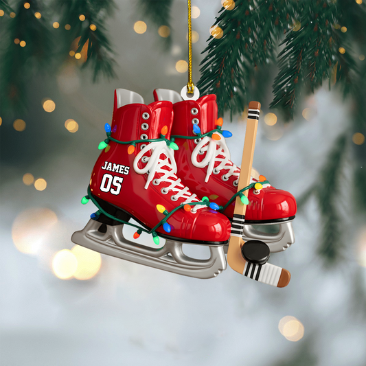 Personalized Hockey Skate Ornament – Custom Name & Number Ice Hockey Christmas Decoration Ornament