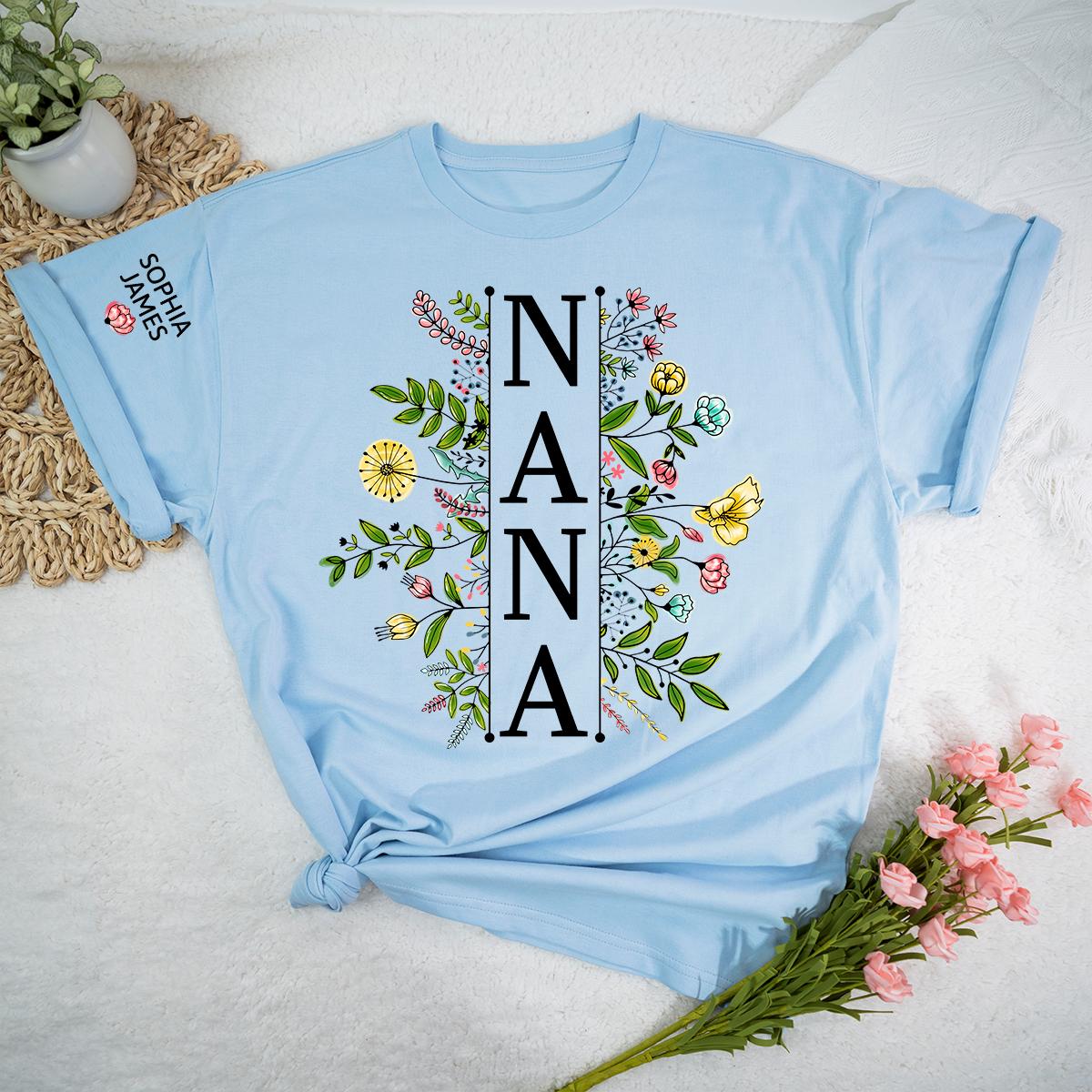 Custom Nana T Shirt with Colorful Floral Artwork, Personalized Gift for Grandma Featuring Kids Names