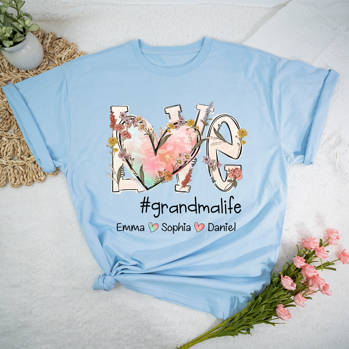 Custom Love Grandma Life Flower Mother's Day T-Shirt