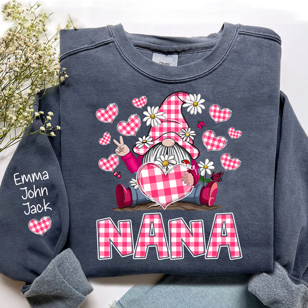 Pink Checkered Valentine's Day sweatshirt For Nana, Cute Gnome Dwarf Heart Design, Family love, Gift for Grandma