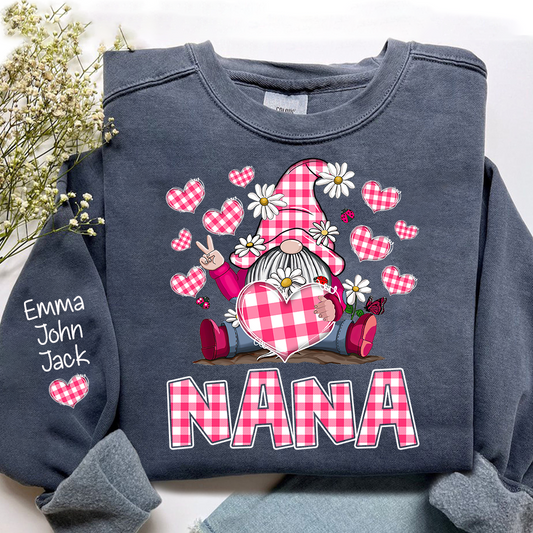 Pink Checkered Valentine's Day sweatshirt For Nana, Cute Gnome Dwarf Heart Design, Family love, Gift for Grandma