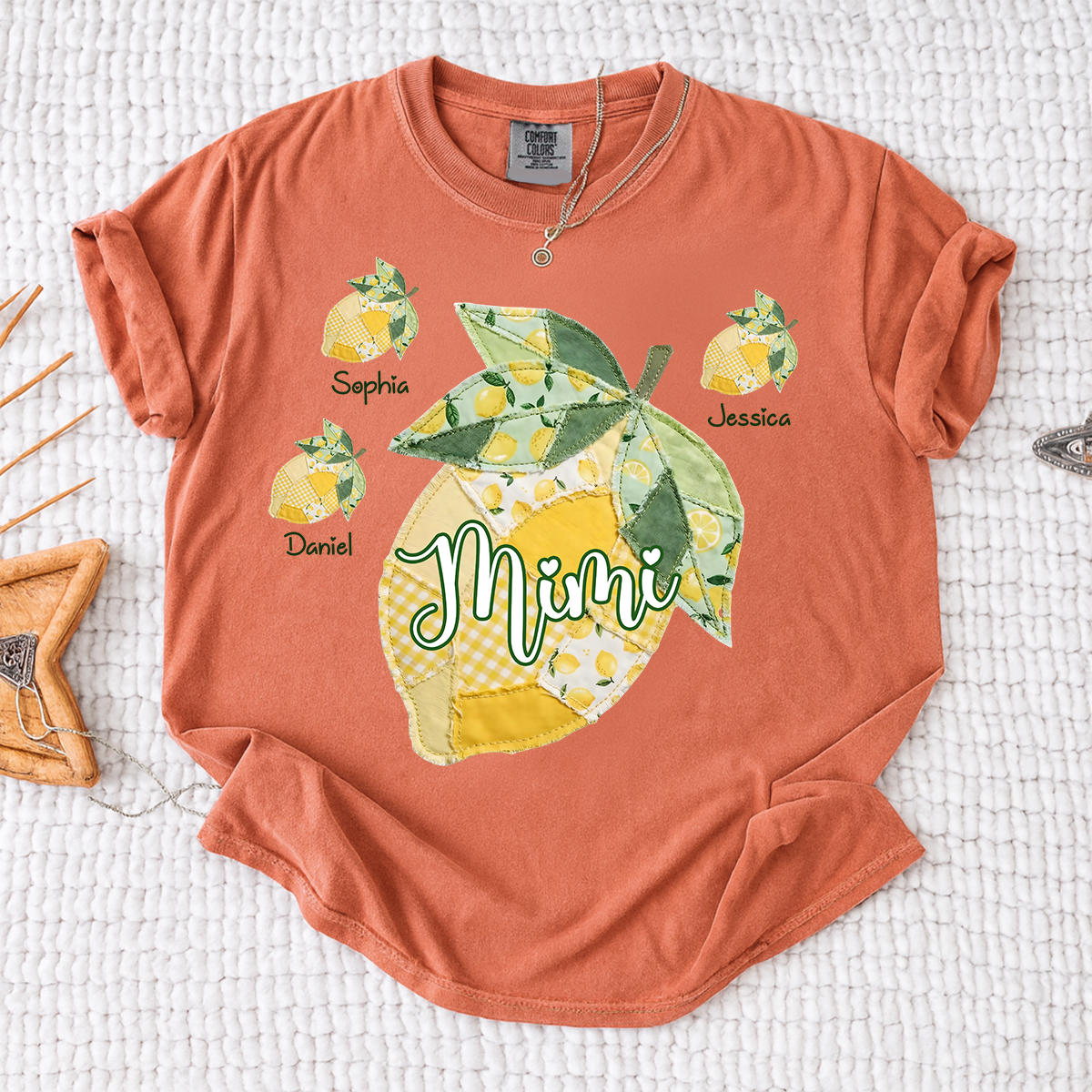 Comfort Colors Personalized Mimi Lemon Shirt with Grandkids Names, Custom Grandma Lemon Patchwork T Shirt for Women, Summer Family Gift