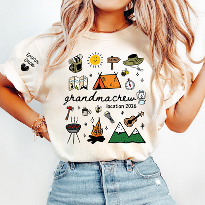Custom Grandma Crew Camping T Shirt, Personalized Family Names Sleeve Design, Outdoor Adventure Tee for Grandma, Camp Lover Gift