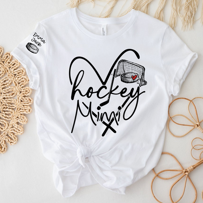 Hockey Heart Mimi Family Shirt, Custom Names and Hockey Puck Design Personalized Tee