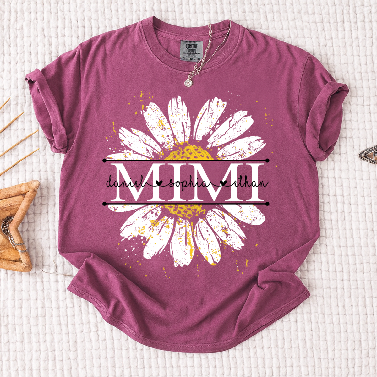 Comfort Personalized Mimi Shirt with Grandkids Names, Daisy Flower Graphic Family T Shirt