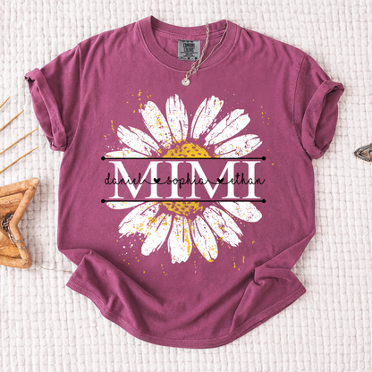 Comfort Personalized Mimi Shirt with Grandkids Names, Daisy Flower Graphic Family T Shirt