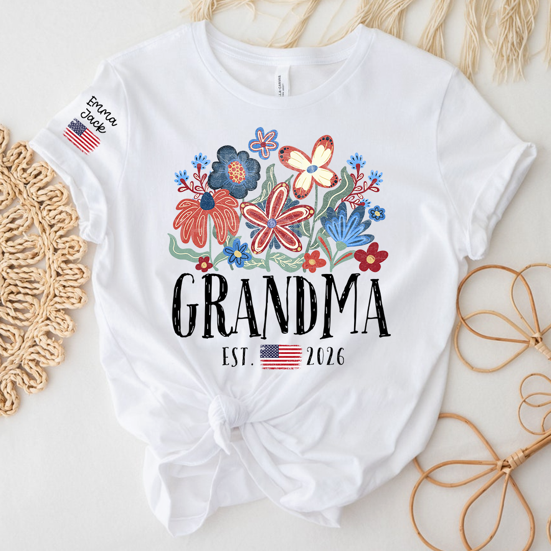 Personalized Flag America Grandma Floral Shirt with Custom Grandkids Names, Colorful Flower Design