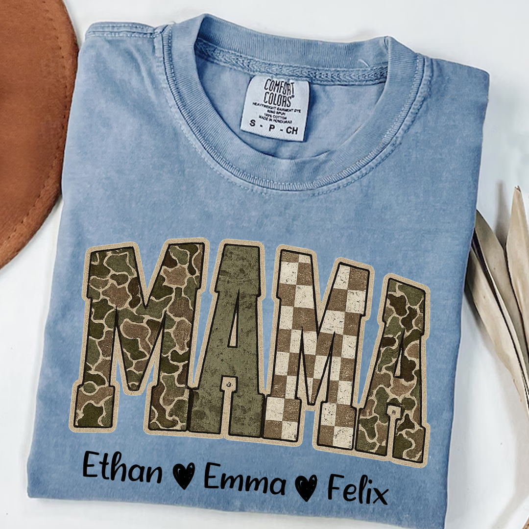 Personalized Camo Mama Shirt - Hunting Style Tee with Custom Kids Names
