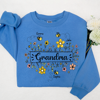 Personalized Grandma Bee Flower And Grandkids Sweatshirt
