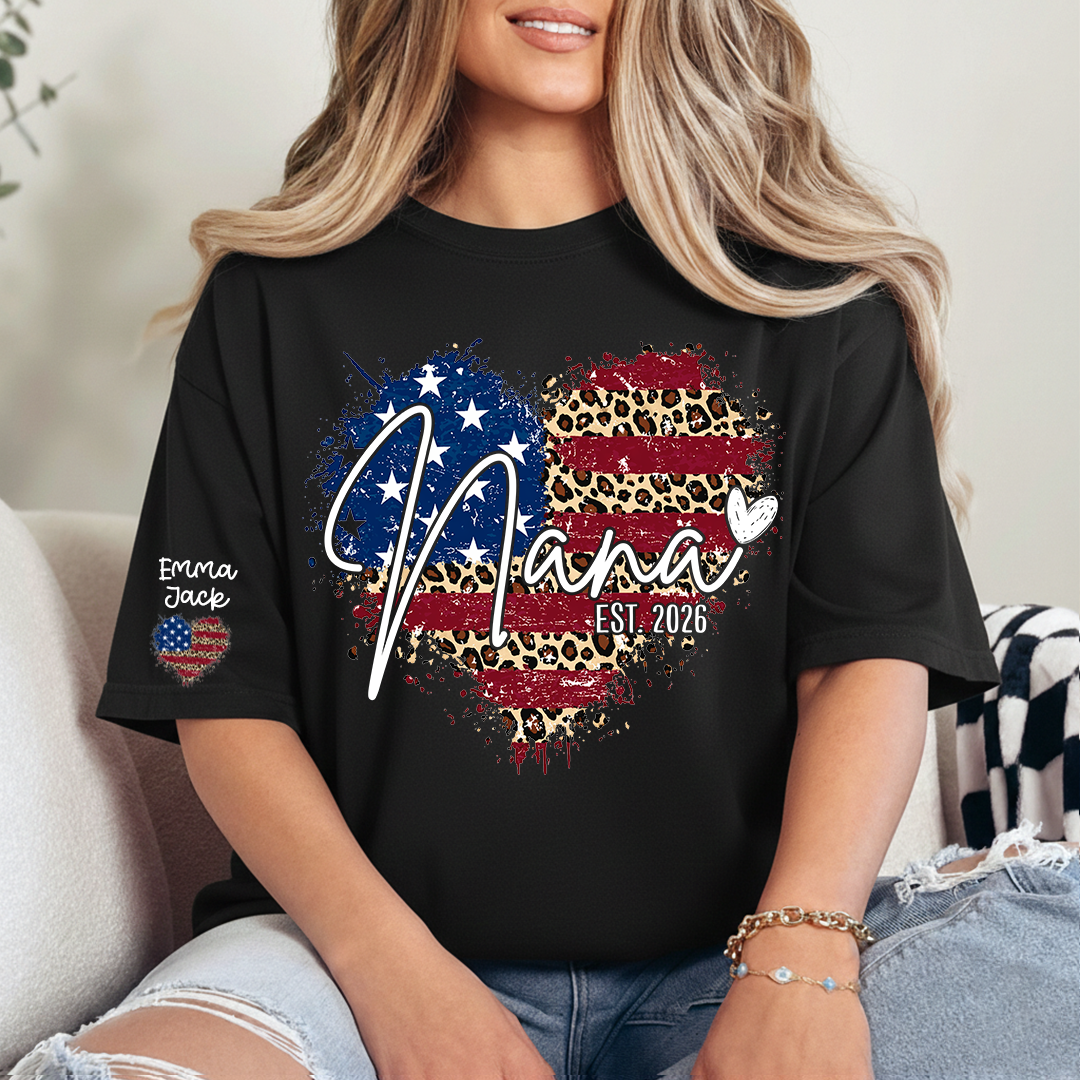Custom American Flag Heart Nana T-shirt, Grandma Shirt with Kids, Mother's Day Gift for Grandma