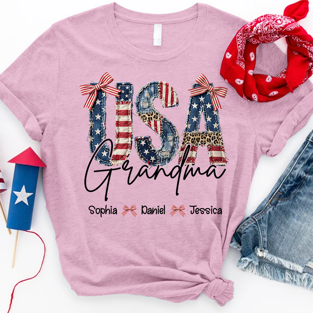 Custom Grandma T Shirt with Grandchildren Names Vintage USA Flag Patchwork Shirt Personalized Grandma Gift for Mom