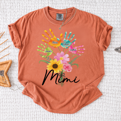 Custom Mimi Shirt, Personalized Handprints and Flowers with Family Names, Idea Gift for Mimi