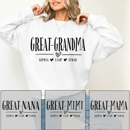Personalized Great-Grandma Heart Sweatshirt, Customized Gifts for Grandma and Kids
