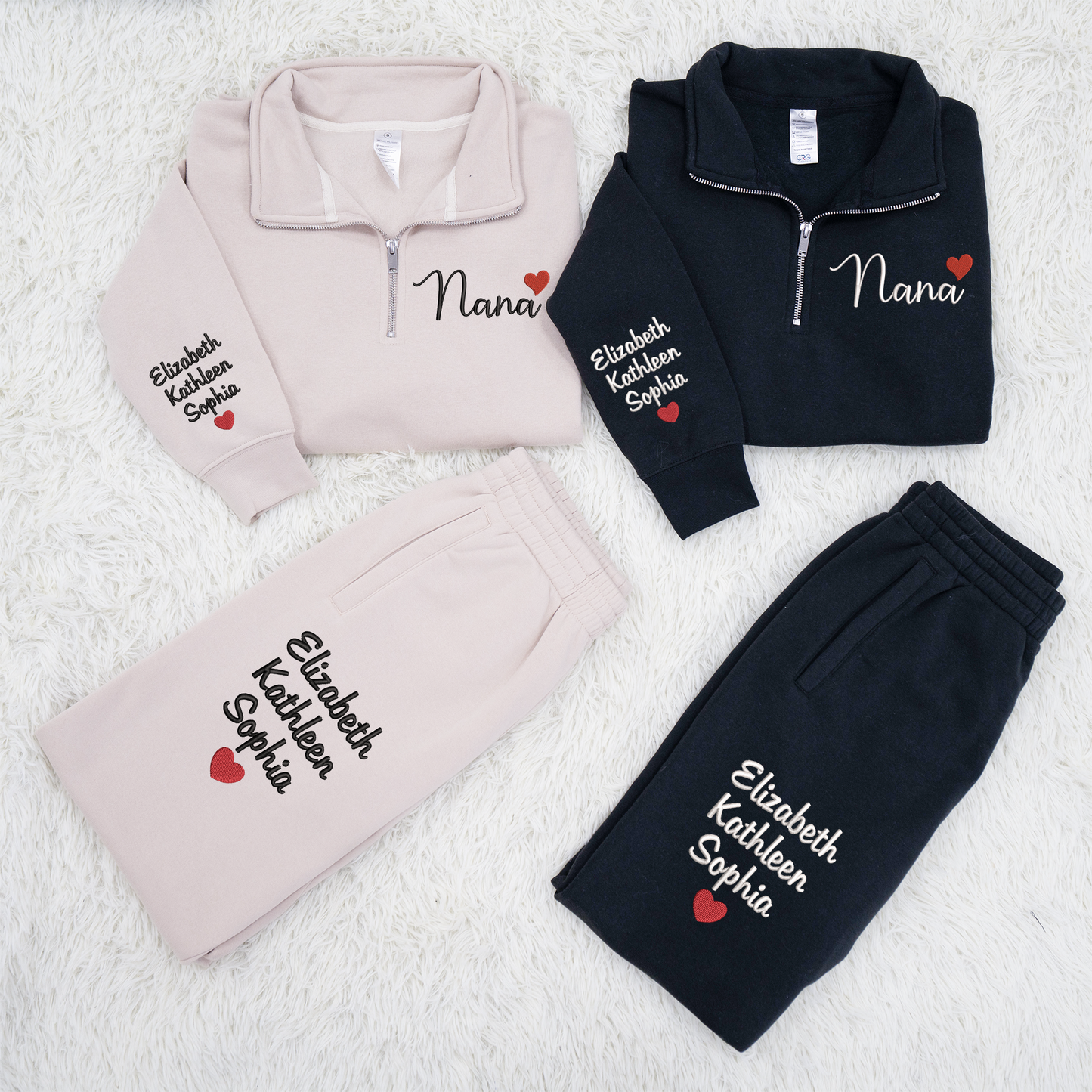 Personalized Nana heart Embroidered Set – Custom Family Name Sweatshirt and Sweatpants Embroidery Outfit – Parents Gift for Christmas, Anniversary