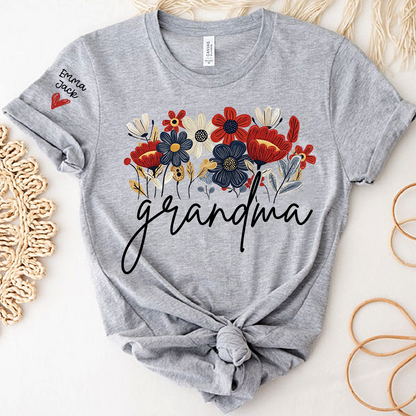 Personalized Grandma Floral Shirt with Custom Grandkids Names, Colorful Flower Design