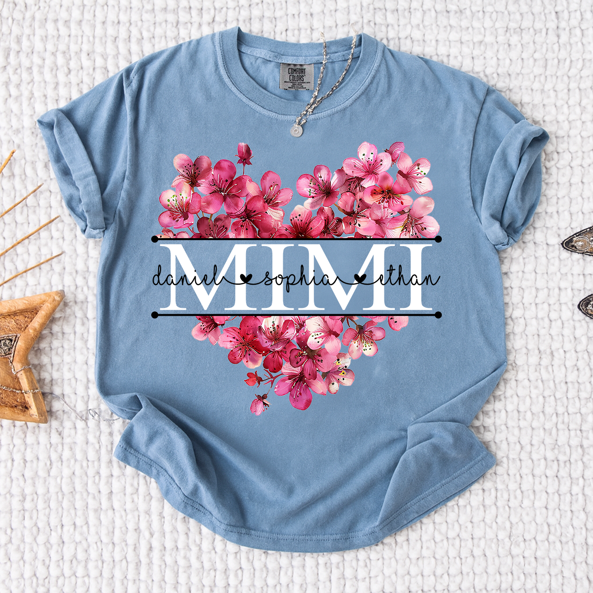 Comfort Personalized Mimi Shirt with Grandkids Names, Pink Floral Heart Family T Shirt