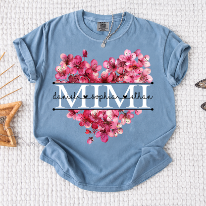 Comfort Personalized Mimi Shirt with Grandkids Names, Pink Floral Heart Family T Shirt