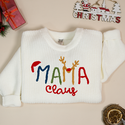 Custom Hand-Embroidered Christmas Knitted Sweater – Personalized Mama Claus Sweater with Festive Design