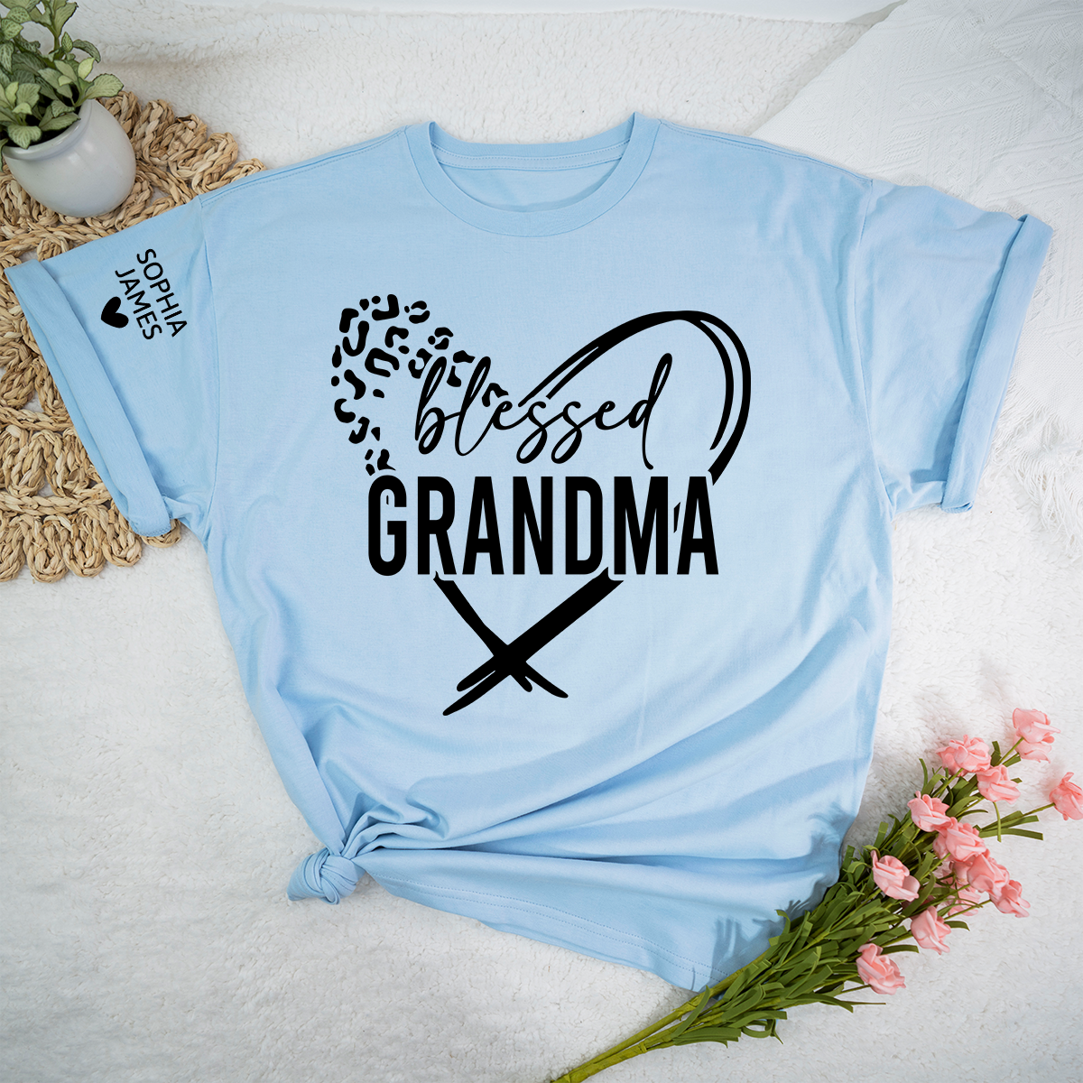 Blessed Grandma Shirt, Leopard Print Heart Design T-Shirt, Custom Grandma Apparel for Her, Sentimental Family Gift