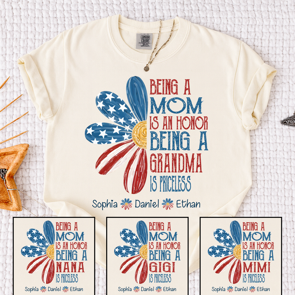 Comfort Colors Custom Mimi T Shirt with Grandkids Names USA Flag Daisy Graphic Being a Mom Is an Honor Mimi Is Priceless Family Name Personalized Apparel