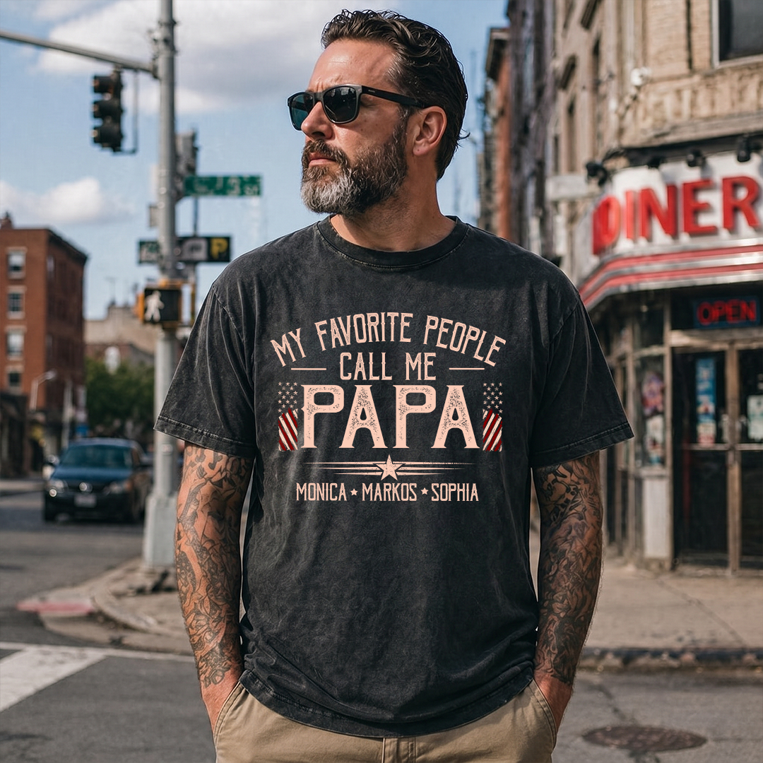 My Favorite People Call Me Papa Mineral Wash Shirt, Personalized Grandkids Names Tee, Custom Grandpa Patriotic American Flag Shirt, Fathers Day Gift