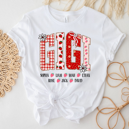Gigi Personalized Grandma T-Shirt With Strawberry And Flower Motifs, Bearing Her Grandchildren's Names