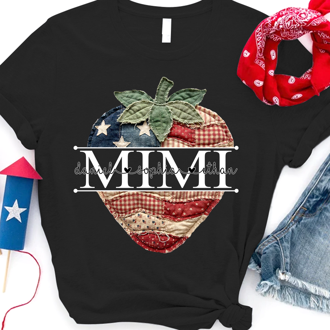 Custom 4th of July Mimi Strawberry T-Shirt, Personalized Patriotic Red White Blue Tshirt