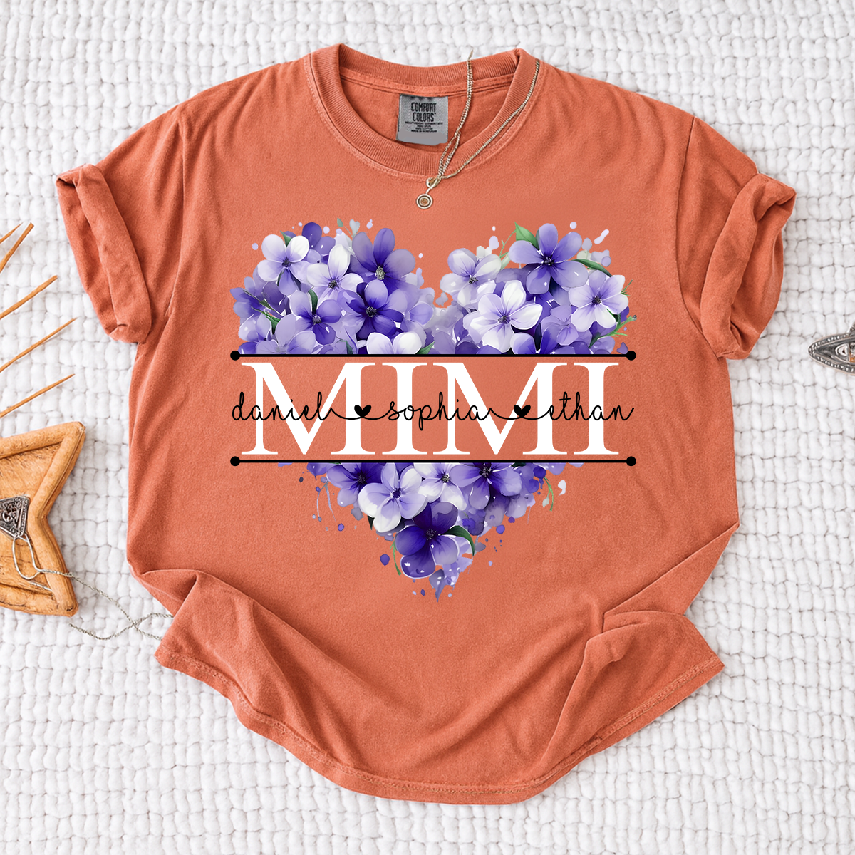 Comfort Colors Personalized MIMI T Shirt, Custom Family Names with Purple Floral Heart Design, Perfect Gift for Mimi