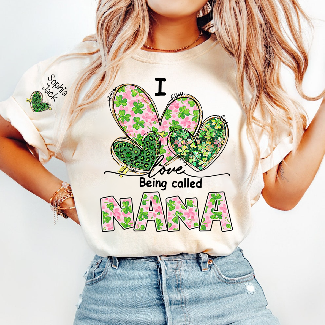 I Love Being Called Nana Shirt, St Patrick’s Day Floral Heart Family T Shirt, Gift For Grandma And Kids