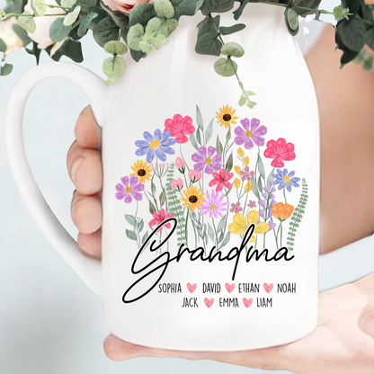 Personalized Ceramic Flower Vase for Mimi, Custom Vase with Kids' Names, Perfect Gift for Grandmother