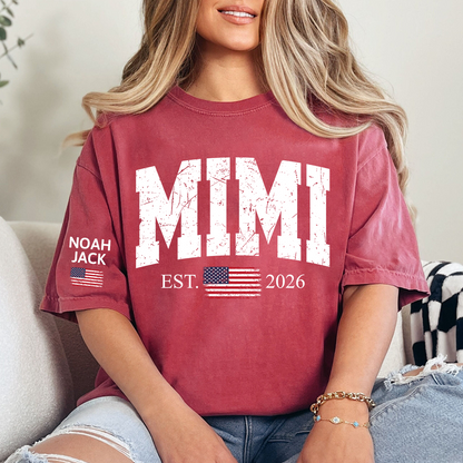 Patriotic Mimi T Shirt, Vintage American Flag Design with Custom Grandkids Names