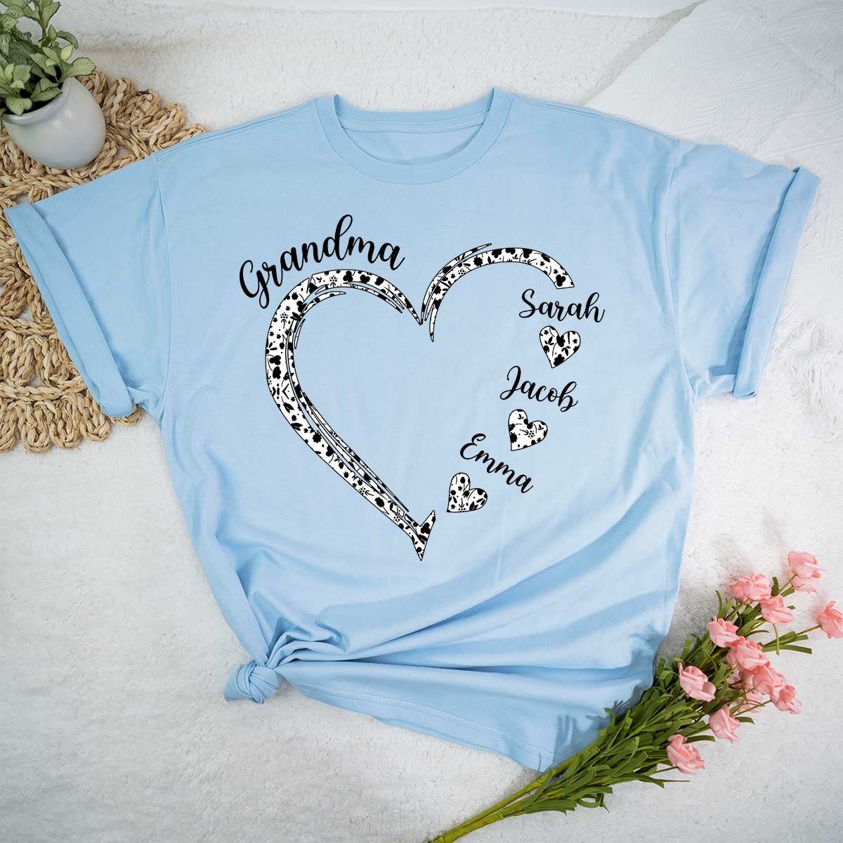 Personalized Grandma Shirt with Grandkids Names, Custom Heart Grandma T Shirt Gift