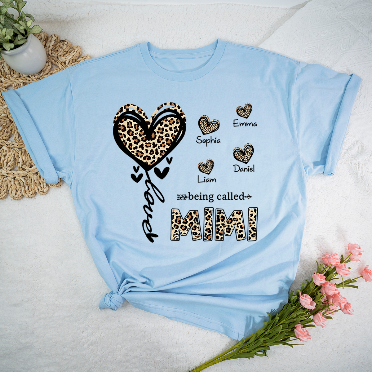 Personalized Mimi Grandma Shirt with Grandkids Names, Leopard Heart Being Called Mimi T-Shirt