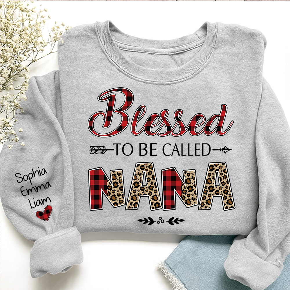 Personalized Blessed To Be Called Nana Sweatshirt With Grandkids Names, Custom Grandma Gift, Leopard Plaid Nana Crewneck