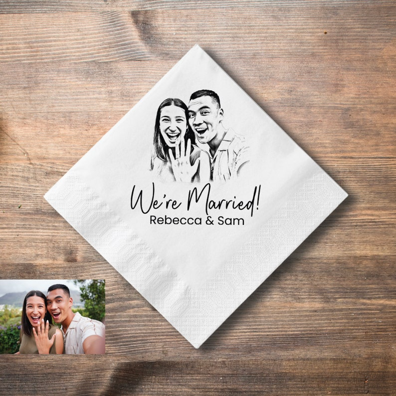 Personalized Sketched Wedding  Napkins, Elegant Gifts for Couple, Engagement Party, Custom Paper Beverage, Engagement