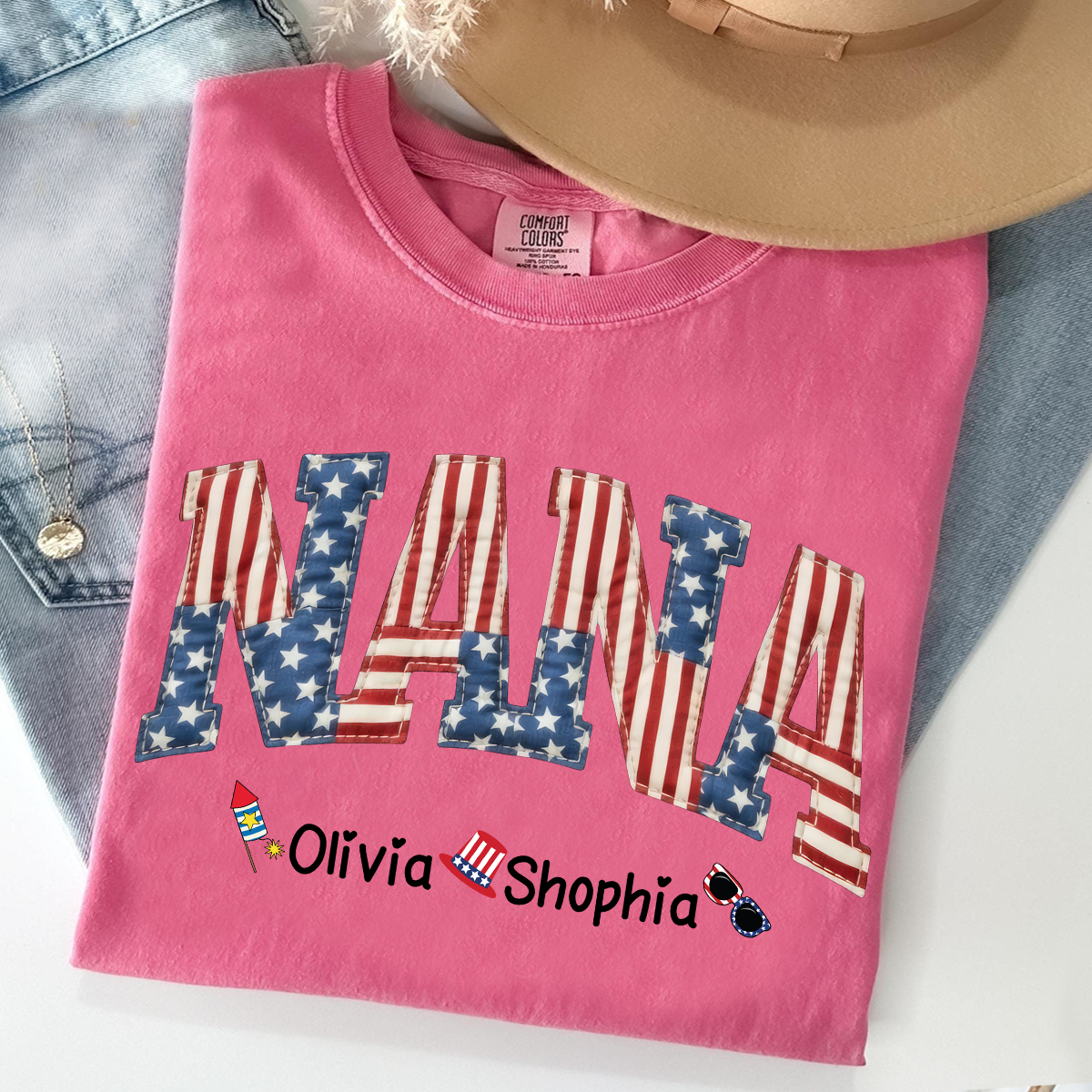 Comfort Colors Personalized Nana T-Shirt with American Flag Design – Custom 4th of July Gift for Nana with Grandkids Names