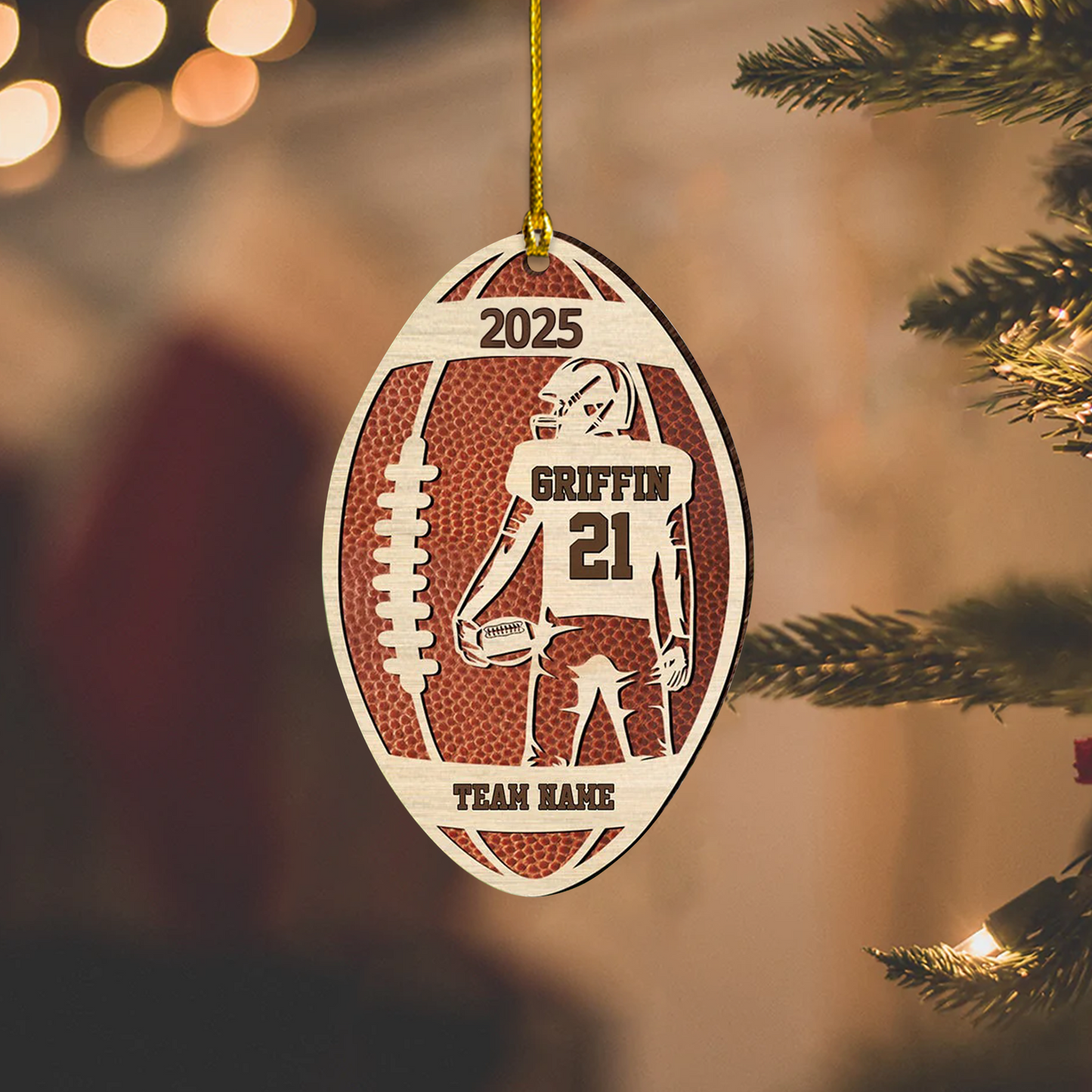 Personalized Wooden Football Ornament, Custom Name & Team Sports Christmas Decoration Wooden Ornament