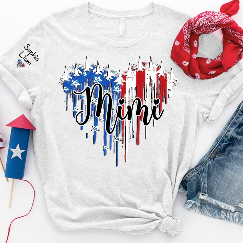 Custom Mimi Shirt with Dripping Flag, Personalized Family Names, American Flag Design, Patriotic Gift for Mimi